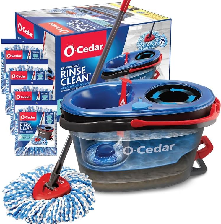 o cedar نظام تنظيف الأرضيات بممسحة دائرية و دلو من رينس كلين مع 4 رؤوس ممسحة إضافية - Image 1